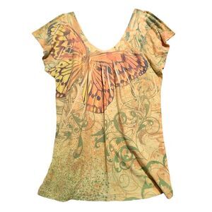 Fresh Brewed Butterfly Print V-Neck Top Boho Nature Graphic Summer Casual